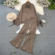 Elegant two-piece set pleated summer chiffon shirt + high-quality floral print pleated wide-leg pants