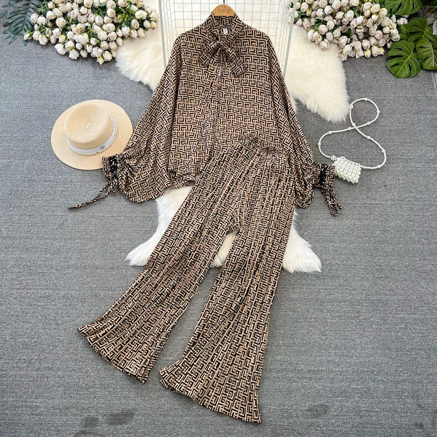 Elegant two-piece set pleated summer chiffon shirt + high-quality floral print pleated wide-leg pants