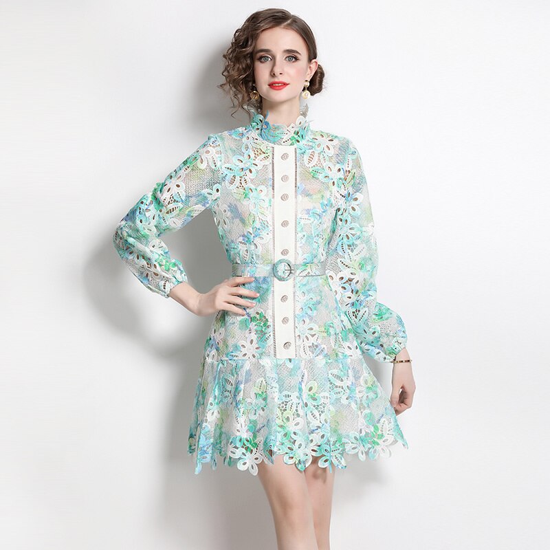 High Quality Belted Hollow Out Button Down Embroidered Long Sleeve Dress