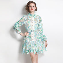 High Quality Belted Hollow Out Button Down Embroidered Long Sleeve Dress
