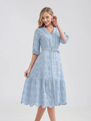 High Quality V Neck Ruffles High Waist Hole Cotton Dress