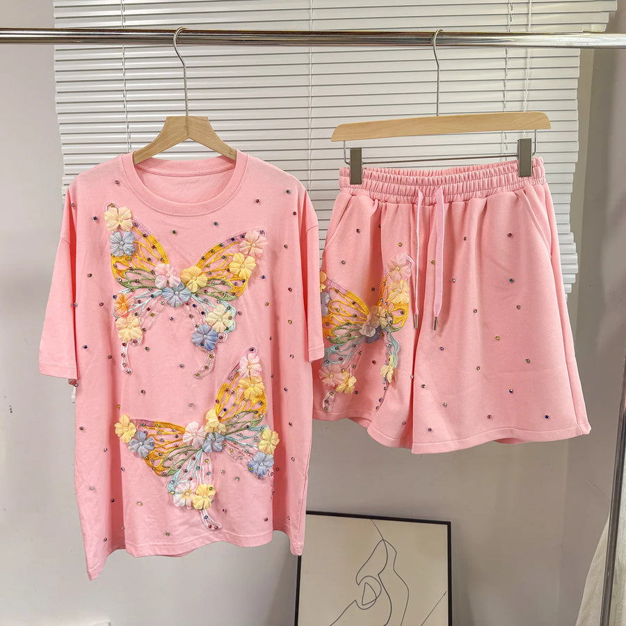 Fashion Butterfly Floral Beading Women's Set T-shirt and Shorts  Summer Active Two 2 Piece Sets Outfit Tracksuit