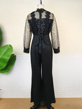 High Quality Sheer Lace Sequined High Neck Long Sleeve Wide Leg Elegant Jumpsuits