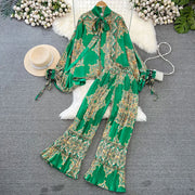 Elegant two-piece set pleated summer chiffon shirt + high-quality floral print pleated wide-leg pants