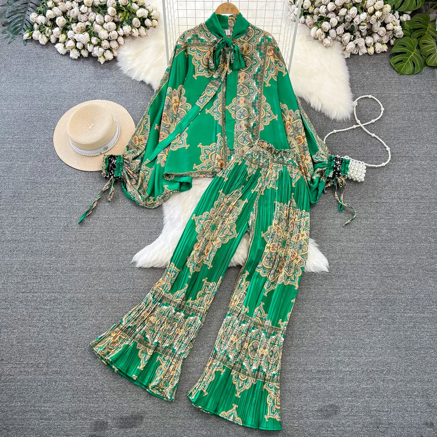 Elegant two-piece set pleated summer chiffon shirt + high-quality floral print pleated wide-leg pants