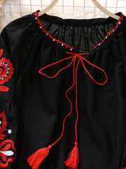 High Quality Lantern Sleeve V Neck Embroidery Shirt