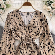 Retro Sweet V Neck Slim Lace -up Print Autumn Summer Elegant Elastic Dress A-line Long Sleeve Vacation Women Mermaid Dresses