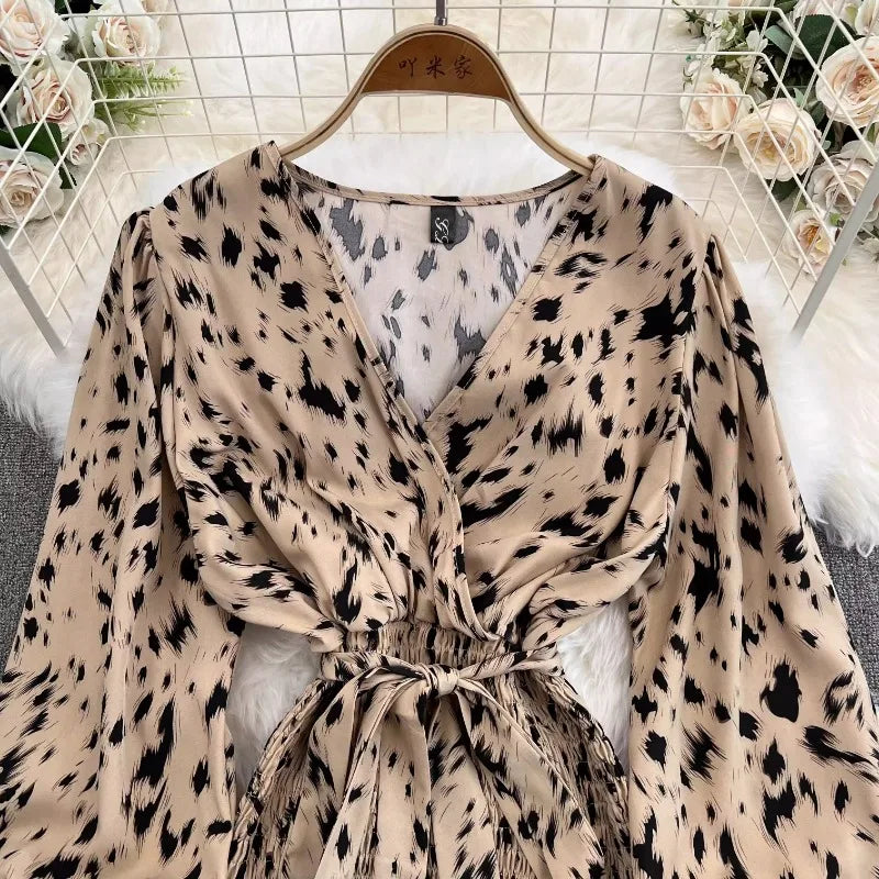 Retro Sweet V Neck Slim Lace -up Print Autumn Summer Elegant Elastic Dress A-line Long Sleeve Vacation Women Mermaid Dresses