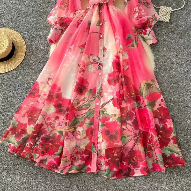 Long Dress Women Dresses Print Floral Turn Down Collar A Line Vestidos Lantern Sleeve Elegant High Waist Y2k 2025 Streetwear