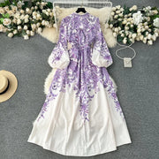 Elegant floral print dress with bubble sleeves wrapped waist high quality