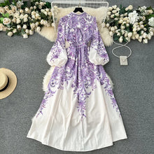 Elegant floral print dress with bubble sleeves wrapped waist high quality