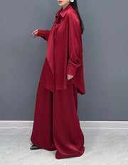 Red and Blue Solid Color Matching Loose Sets Long Sleeve Shirt+Wide Leg Pants High Quality