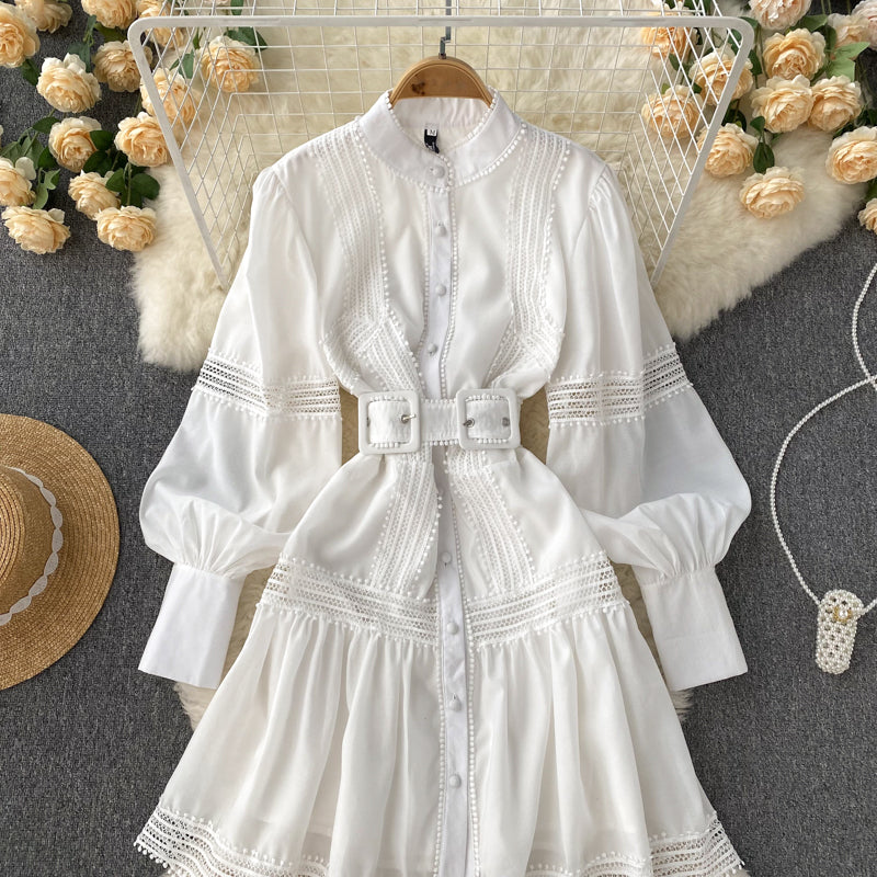 High Quality Stand Collar Puff Long Sleeve Button A Line Short Dress