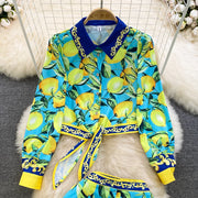 Summer Runway Fashion Sicily Lemon Print Two Piece Outfits Women Long Sleeve Bandage Crop Top＋Beach Pocket Shorts Sets