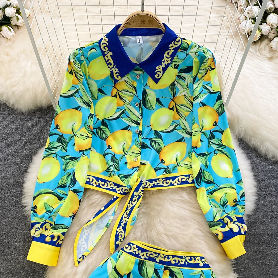 Summer Runway Fashion Sicily Lemon Print Two Piece Outfits Women Long Sleeve Bandage Crop Top＋Beach Pocket Shorts Sets