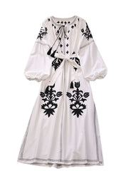 High quality black and white embroidery long sleeve elegant midi dress