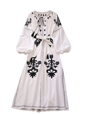 High quality black and white embroidery long sleeve elegant midi dress