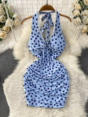 Elegant Sexy Lace Trim Knot V-Neck Halter Woman Dress Summer Ruffle Mesh Polka Dot Mini Woman Party Club Daily Streeywear Dress