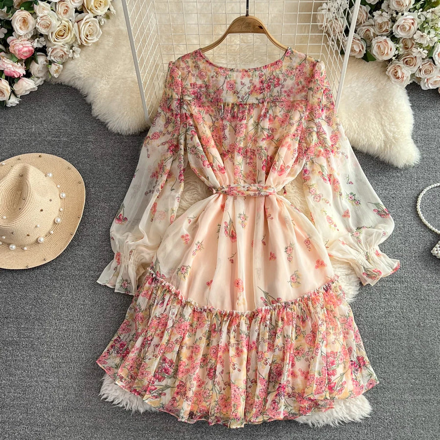 High Quality Long Sleeve Lace Up Bohemian Print Elegant Dress