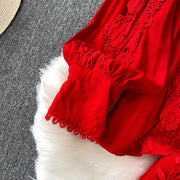 Women Lace Patchwork Pants Set Single Breasted Long Sleeved Shirt Elastic Waisted Trousers Suit Summer Female 2 pieces Sets