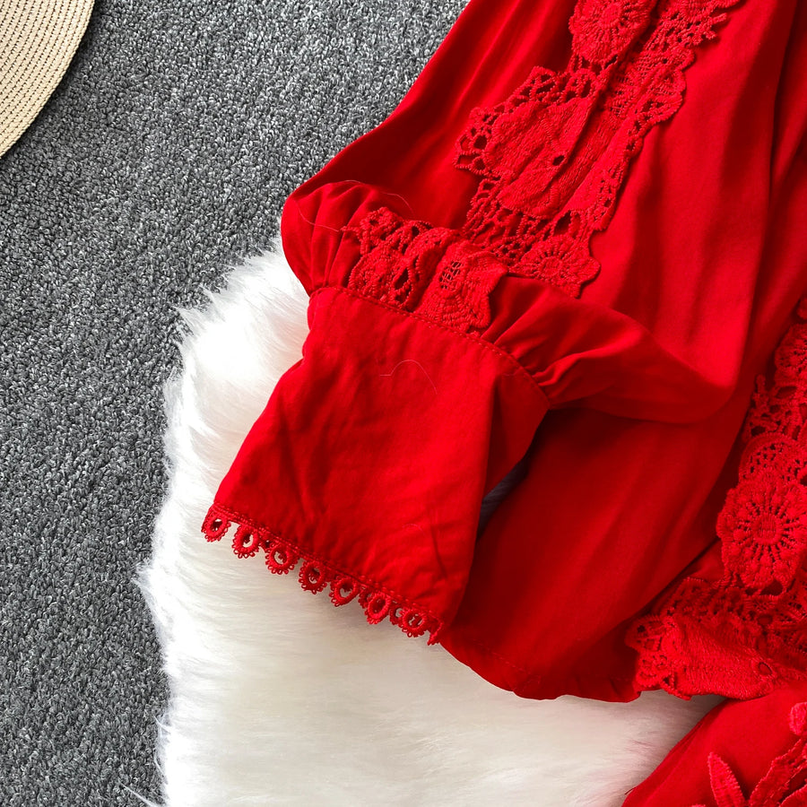 Women Lace Patchwork Pants Set Single Breasted Long Sleeved Shirt Elastic Waisted Trousers Suit Summer Female 2 pieces Sets
