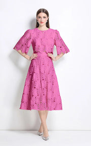 Elegant two-piece set, round neck, hollow-out crop top, high-quality high-waist skirt