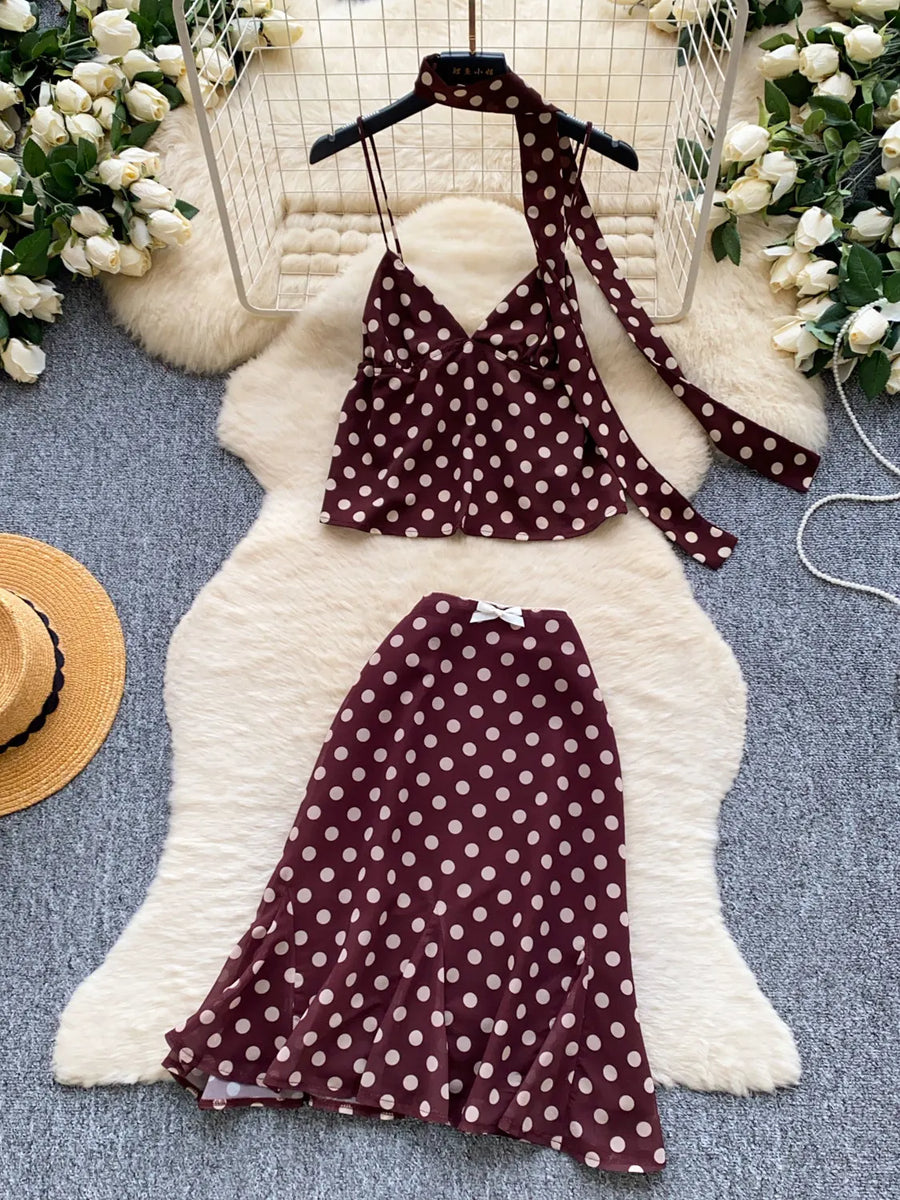 Retro Polka Dot Skirt Set Women Summer Sweet Style Fashion Temperament Camisole Top and Fashion Bodycon Skirt Women Skirt Set