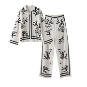 2024 Summer Fashion Print Long Pant Sets Women's Lapel Long Sleeve Shirt Wide Leg Trousers Lady Chic 2 Pieces Sets Street Outfit