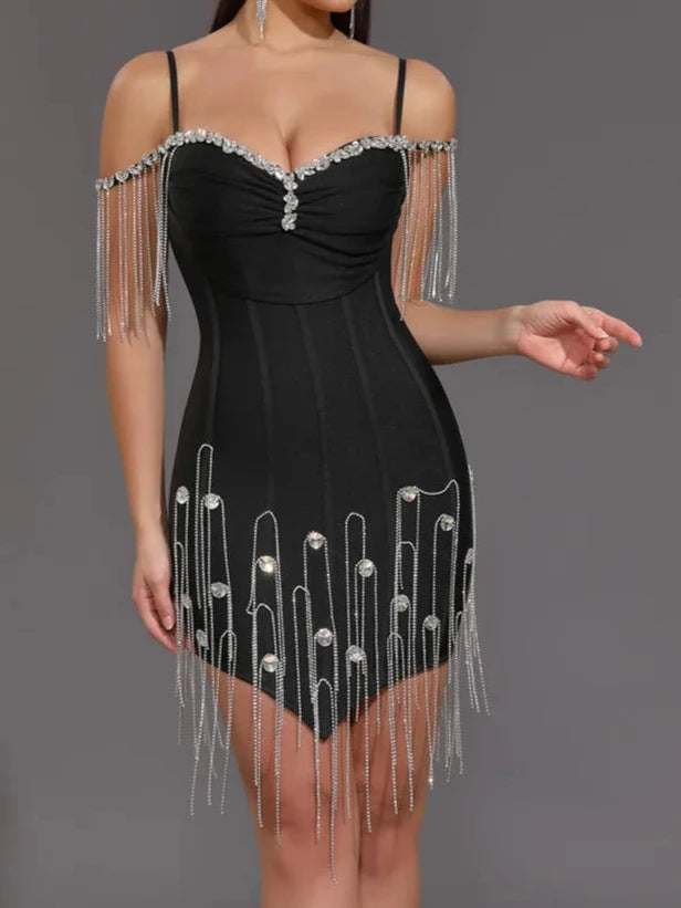 High Quality Elegant Fabric Black White Crystal Beading Sexy Bodycon Mini Dress