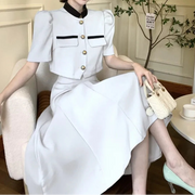 Two Piece Sets Womens Outifits Puff Sleeve Korean Fashion Elegant Summer Sweet Crop Top High Waist  A-Line Long Skirt Office