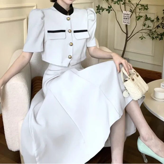 Two Piece Sets Womens Outifits Puff Sleeve Korean Fashion Elegant Summer Sweet Crop Top High Waist  A-Line Long Skirt Office