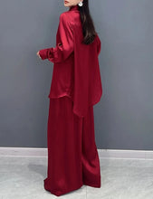 Red and Blue Solid Color Matching Loose Sets Long Sleeve Shirt+Wide Leg Pants High Quality