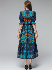 Floral three-quarter sleeve midi dress with high quality belt