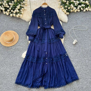 Elegant retro style slit maxi dress with pearl buttons and high-quality crochet embroidery