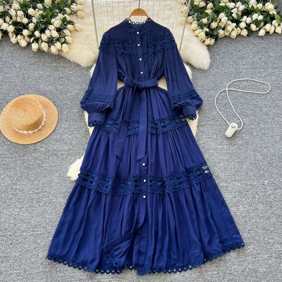 Elegant retro style slit maxi dress with pearl buttons and high-quality crochet embroidery