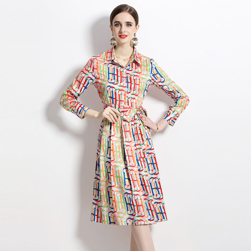 Yellow Shirt Dress with Letters Lapel Neck Long Sleeves and High Quality Belt