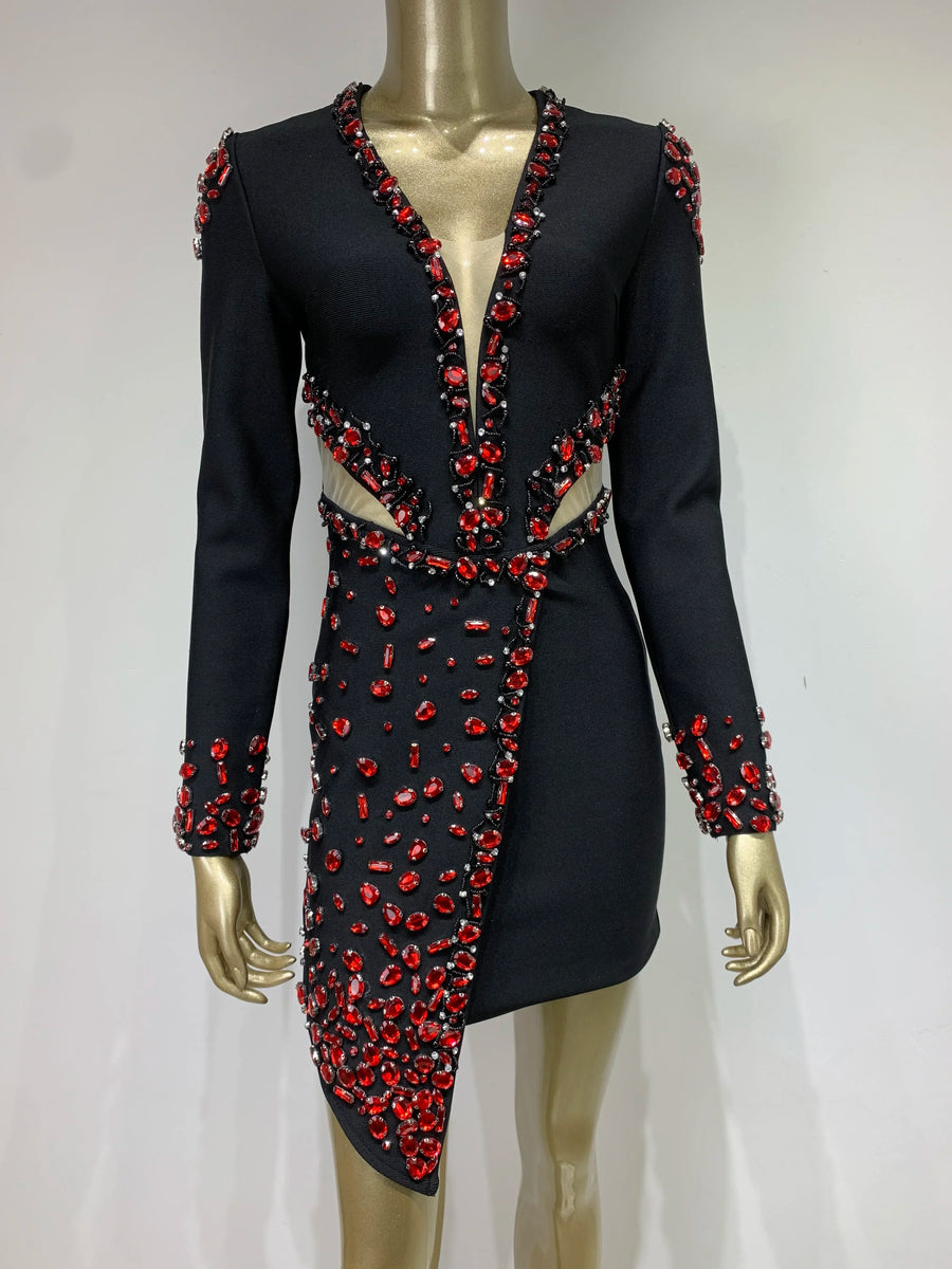 High Quality Elegant V Neck Long Sleeve Sexy Diamond Beading Black Bandage Mini Dress