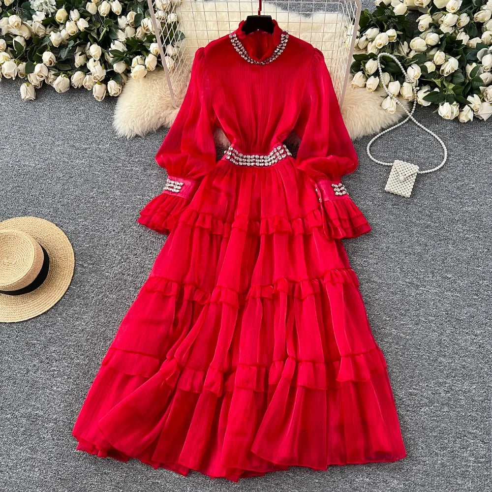 Elegant luxury French style dress, with smooth diamonds, flared sleeves and narrow waist, mid-length high quality