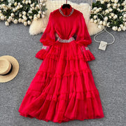 Elegant luxury French style dress, with smooth diamonds, flared sleeves and narrow waist, mid-length high quality