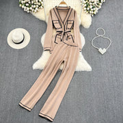 Women's Two-Piece Set Long-Sleeved Lace-up Waist V-Neck Mid-Length Knitted Cardigan Coat + Wide-Leg Pants