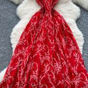 Women's long floral dress with thin straps, sleeveless, elastic, ruched with high-quality print