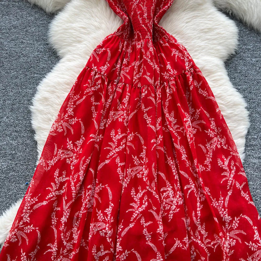 Women's long floral dress with thin straps, sleeveless, elastic, ruched with high-quality print