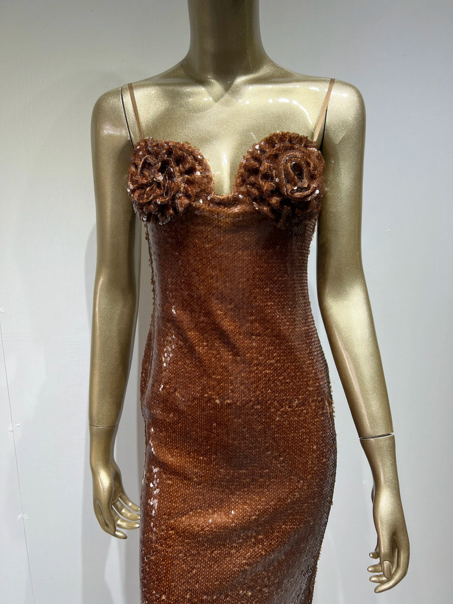 Elegant Sexy Sleeveless Backless Flower Mesh Sequin Brown Shiny Bodycon Long Dress