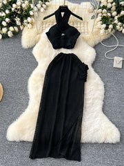 3D Knitted Women Sets Halter Hollow Out Mini Tops + Side Split Bodycon Long Skirt Sexy Beachwear 2 Piece Sets High Quality