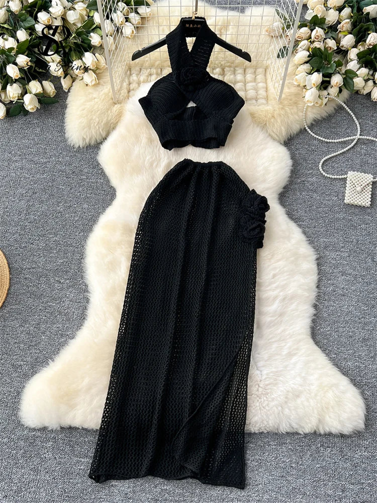 3D Knitted Women Sets Halter Hollow Out Mini Tops + Side Split Bodycon Long Skirt Sexy Beachwear 2 Piece Sets High Quality