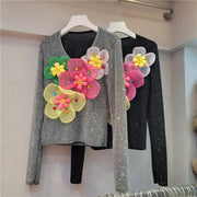 High Quality 3D Flower Diamond Round Neck Long Sleeve T-shirts