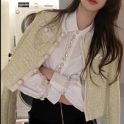 Beaded Shirt Bubble Sleeves Long Sleeve with Stones High Quality