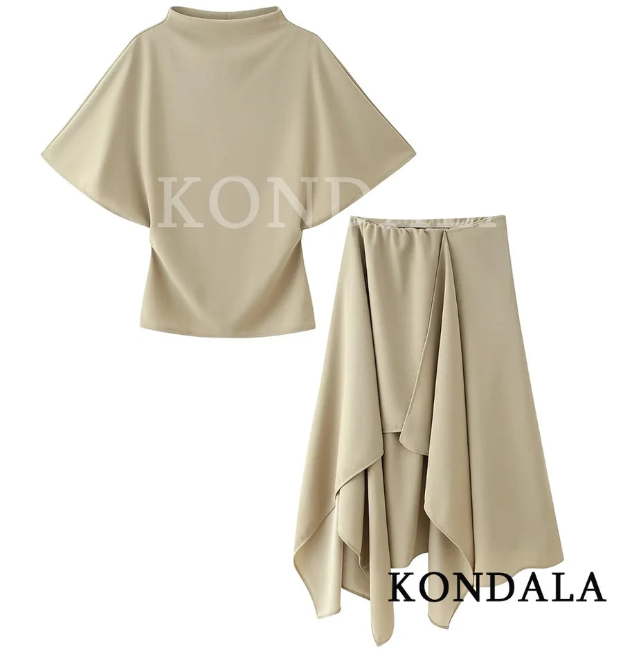KONDALA Women Trendy Skirt Set Half High Collar Top Asymmetrical Skirt New Fashion 2026 Spring Summer Beach Holiday Skirt Set