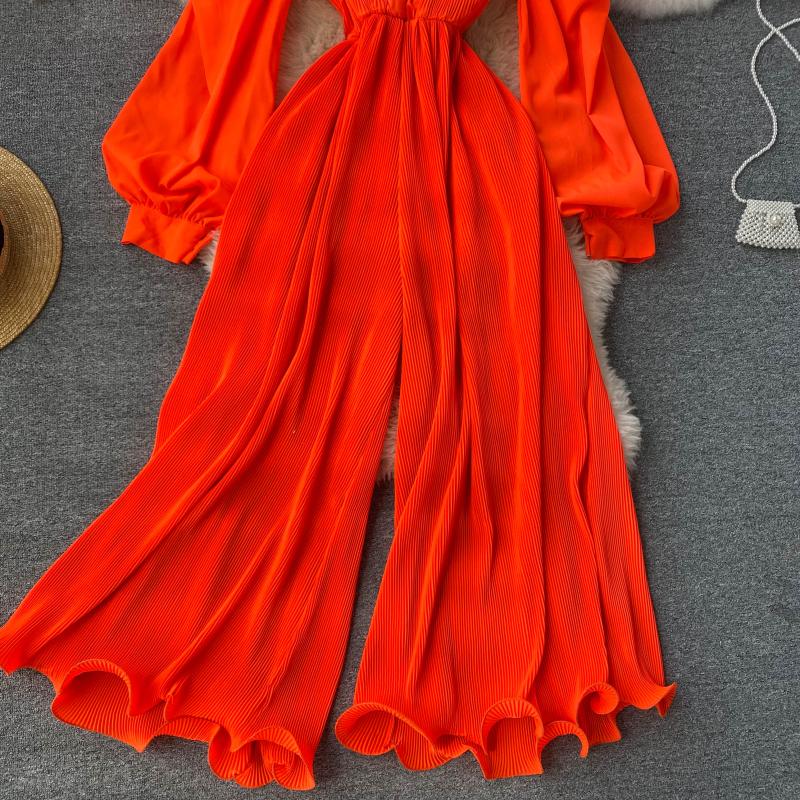 High Quality Lantern Sleeve Stretch Chiffon Wide Leg Deep V Neck Sexy Pleated Long Jumpsuit