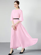 High Quality Printed Round Neck Lace Up Belt Maxi Pleated Long Dress